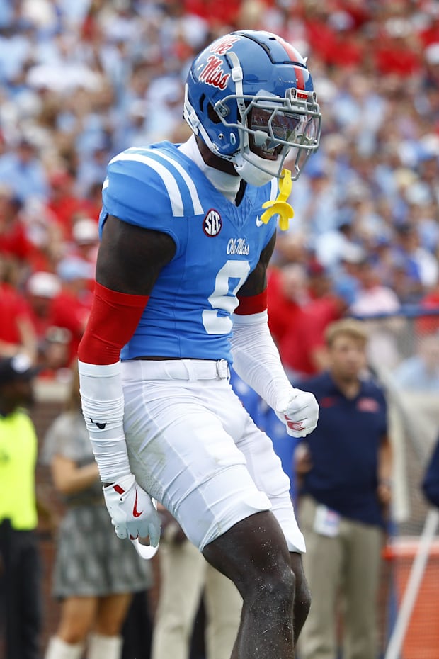Mississippi Rebels defensive back Trey Amos reacts after a pass breakup during the first half against the Kentucky Wildcats Mississippi Rebels defensive back Trey Amos reacts after a pass breakup during the first half against the Kentucky Wildcats