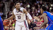 Mar 4, 2014; Columbia, SC, USA; South Carolina Gamecocks guard Duane Notice (10) looks to pass against the Florida Gators in the second half at The Colonial Life Arena. Mandatory Credit: Jeff Blake-Imagn Images