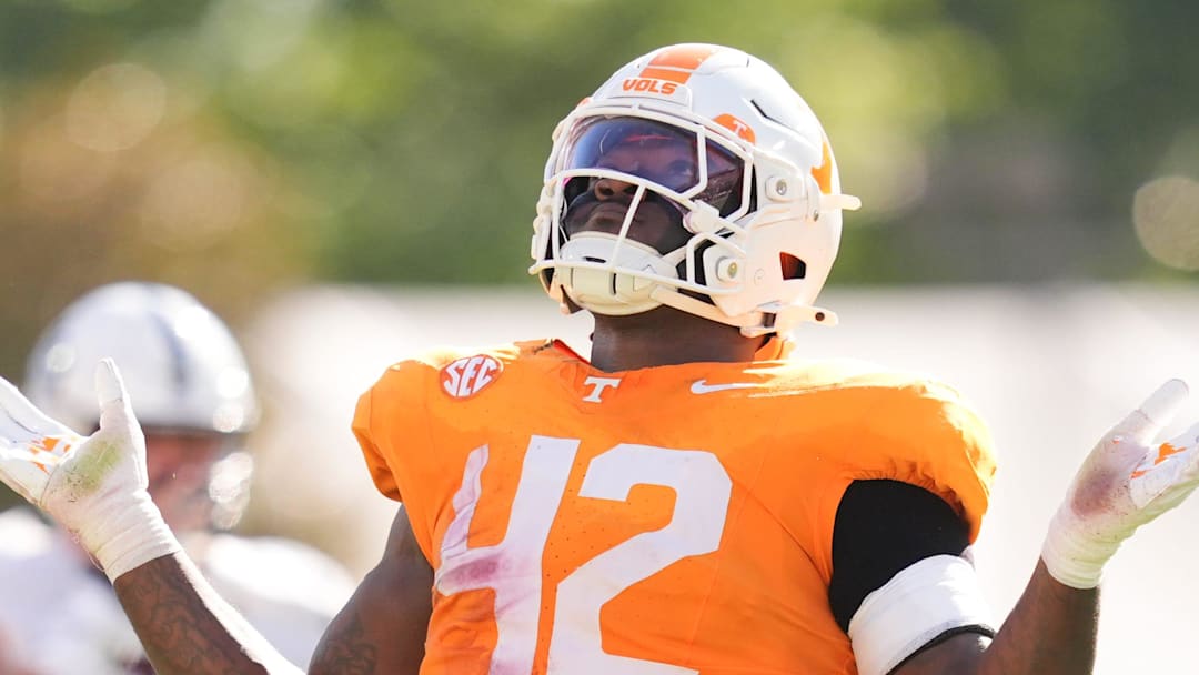 Tennessee defensive lineman Tyre West (42) during a college football game between Tennessee and Mississippi State at Davis Wade Stadium in Starkville, Miss., on Sept. 27, 2025.