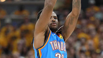 Jun 19, 2025; Indianapolis, Indiana, USA; Oklahoma City Thunder guard Cason Wallace (22) shoots the ball against the Indiana Pacers during the first half of game six of the 2025 NBA Finals between the Oklahoma City Thunder and the Indiana Pacers at Gainbridge Fieldhouse. Mandatory Credit: Kyle Terada-Imagn Images