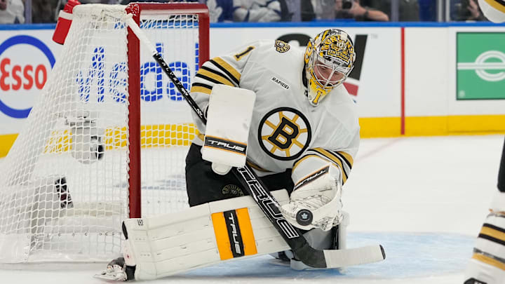 Apr 24, 2024; Toronto, Ontario, CAN; Boston Bruins goaltender Jeremy Swayman (1) against the Toronto Maple Leafs in game three of the first round of the 2024 Stanley Cup Playoffs at Scotiabank Arena. Mandatory Credit: John E. Sokolowski-Imagn Images