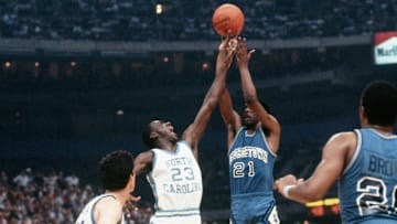 Michael Jordan blocking Sleepy Floyd in 1982 National Championship 