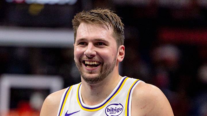 Nov 14, 2025; New Orleans, Louisiana, USA;  Los Angeles Lakers forward/guard Luka Dončić (77) reacts to a play against the New Orleans Pelicans during the second half at Smoothie King Center. Mandatory Credit: Stephen Lew-Imagn Images