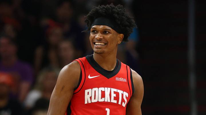 Apr 7, 2026; Phoenix, Arizona, USA; Houston Rockets guard Amen Thompson (1) against the Phoenix Suns at Mortgage Matchup Center. Mandatory Credit: Mark J. Rebilas-Imagn Images