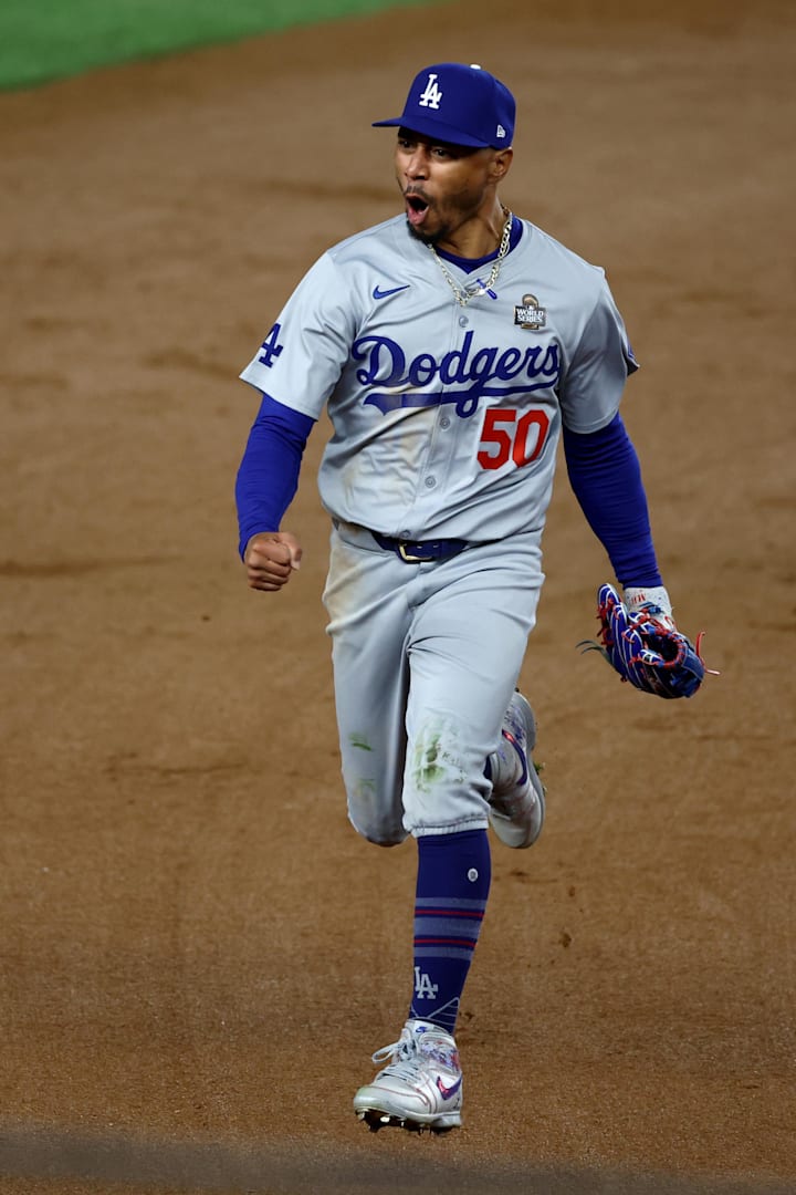 Los Angeles Dodgers star shortstop Mookie Betts celebrates during Game 3 of the 2024 World Series against the Yankees.