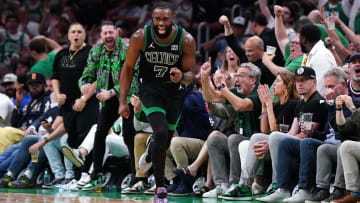 May 23, 2024; Boston, Massachusetts, USA; Boston Celtics guard Jaylen Brown (7) reacts after a play against the Indiana Pacers in the second half during game two of the eastern conference finals for the 2024 NBA playoffs at TD Garden. Mandatory Credit: David Butler II-USA TODAY Sports
