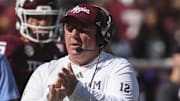 Texas A&M Aggies head coach Mike Elko reacts during the second quarter against the South Carolina Gamecocks at Kyle Field. 