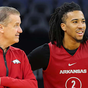 Arkansas Razorbacks coach John Calipari and guard Boogie Fland at practice at the Chase Center in San Francisco, Calif., on Wednesday.