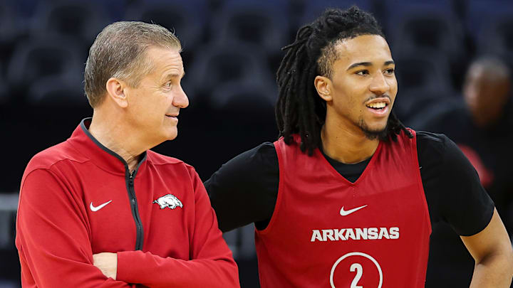 Arkansas Razorbacks coach John Calipari and guard Boogie Fland at practice at the Chase Center in San Francisco, Calif., on Wednesday. Arkansas Razorbacks coach John Calipari and guard Boogie Fland at practice at the Chase Center in San Francisco, Calif., on Wednesday.