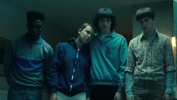 STRANGER THINGS. (L to R) Caleb McLaughlin as Lucas Sinclair, Millie Bobby Brown as Eleven, Finn Wolfhard as Mike Wheeler, Noah Schnapp as Will Byers, and Sadie Sink as Max Mayfield in STRANGER THINGS
