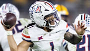 Nov 28, 2025; Tempe, Arizona, USA; Arizona Wildcats quarterback Noah Fifita (1) against the Arizona State Sun Devils in the second half during the 99th Territorial Cup at Mountain America Stadium. Mandatory Credit: Mark J. Rebilas-Imagn Images