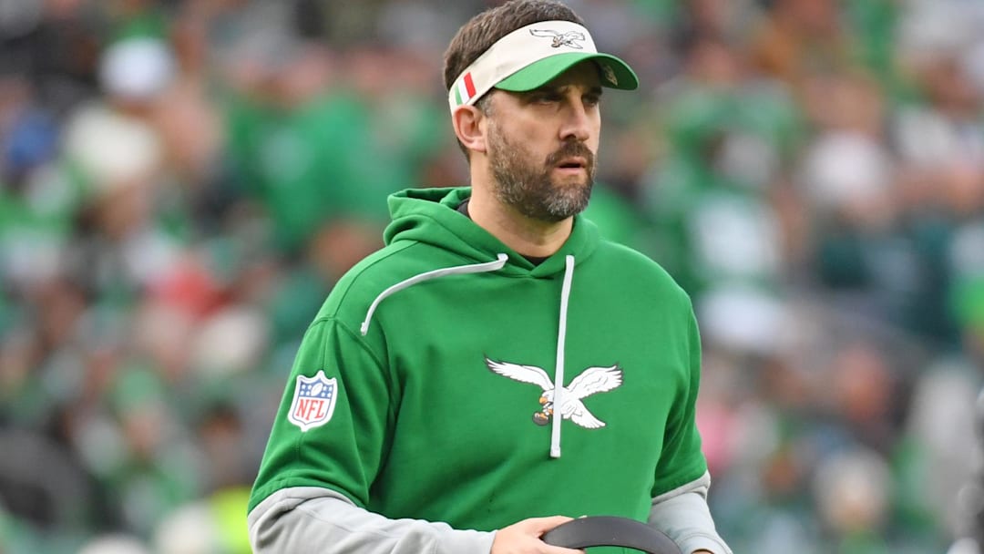 Dec 29, 2024; Philadelphia, Pennsylvania, USA; Philadelphia Eagles head coach Nick Sirianni runs on to the field during the third quarter against the Dallas Cowboys at Lincoln Financial Field. Mandatory Credit: Eric Hartline-Imagn Images