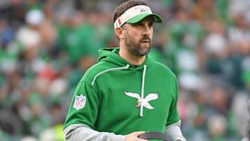 Dec 29, 2024; Philadelphia, Pennsylvania, USA; Philadelphia Eagles head coach Nick Sirianni runs on to the field during the third quarter against the Dallas Cowboys at Lincoln Financial Field. Mandatory Credit: Eric Hartline-Imagn Images