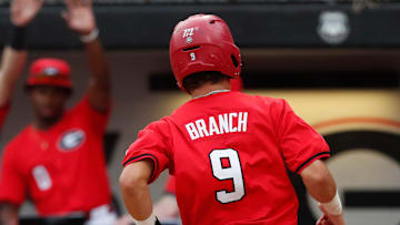 Georgia's Kolby Branch (9) scores a run during a NCAA Athens Regional baseball game against UNCW in Athens, Ga., on Saturday, June 1, 2024. Georgia won 11-2.