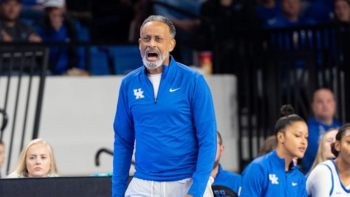 Kentucky Wildcats head coach Kenny Brooks shouts to his players during their game against the Louisville Cardinals on Saturday, Nov. 16, 2024 at Memorial Coliseum in Lexington, Ky.