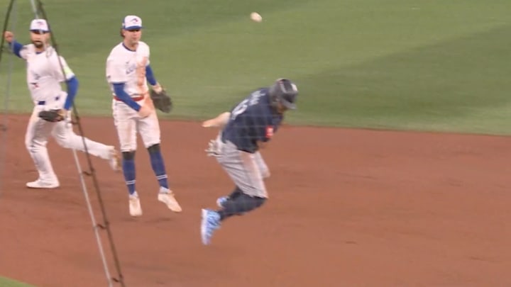 Josh Naylor went to the air to stop a double-play. Josh Naylor went to the air to stop a double-play.