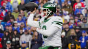 Dec 29, 2024; Orchard Park, New York, USA; New York Jets quarterback Aaron Rodgers (8) throws the ball against the Buffalo Bills during the second half at Highmark Stadium. 