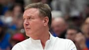 Jan 28, 2025; Lawrence, Kansas, USA; Kansas Jayhawks head coach Bill Self watches play against the UCF Knights during the second half at Allen Fieldhouse. Mandatory Credit: Denny Medley-Imagn Images