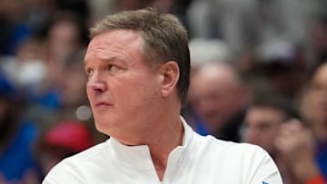 Jan 28, 2025; Lawrence, Kansas, USA; Kansas Jayhawks head coach Bill Self watches play against the UCF Knights during the second half at Allen Fieldhouse. Mandatory Credit: Denny Medley-Imagn Images