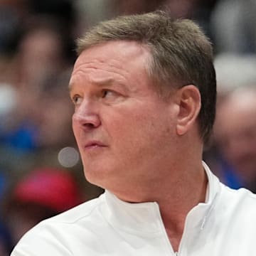 Jan 28, 2025; Lawrence, Kansas, USA; Kansas Jayhawks head coach Bill Self watches play against the UCF Knights during the second half at Allen Fieldhouse. Mandatory Credit: Denny Medley-Imagn Images
