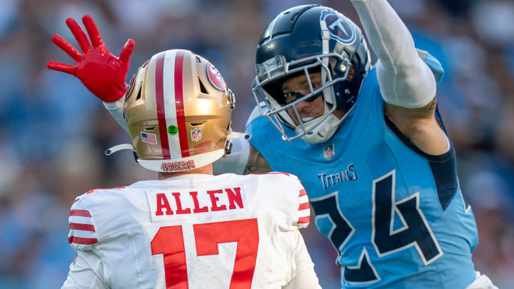 Tennessee Titans cornerback Elijah Molden (24) pressures San Francisco 49ers quarterback Brandon Allen (17) during their first preseason game of the 2024-25 season at Nissan Stadium Saturday, Aug. 10, 2024.