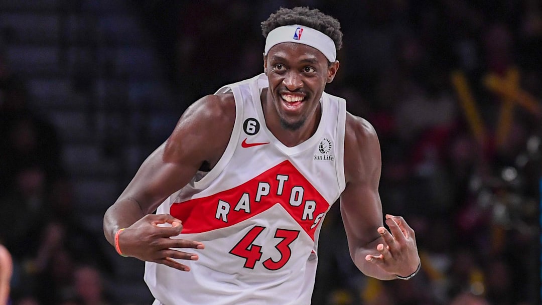 Oct 21, 2022; Brooklyn, New York, USA;  Toronto Raptors forward Pascal Siakam (43) celebrates after scoring a three pointer against the Brooklyn Nets during the third quarter at Barclays Center. Mandatory Credit: Dennis Schneidler-Imagn Images