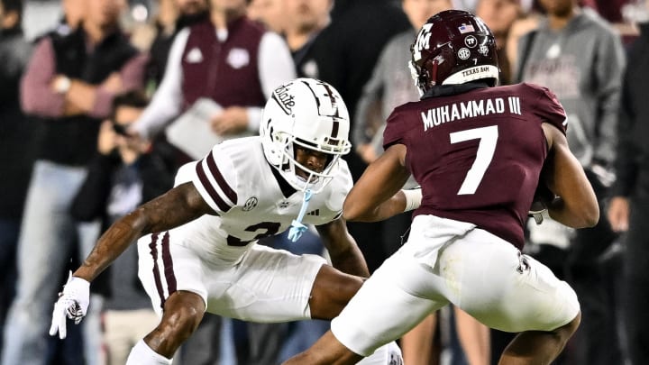 Mississippi State Bulldogs cornerback Decamerion Richardson (3) in action against Texas A&M Aggies wide receiver Moose Muhammad III (7) during the first half at Kyle Field.
