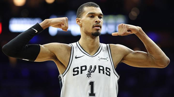 Mar 3, 2026; Philadelphia, Pennsylvania, USA; San Antonio Spurs forward Victor Wembanyama (1) reacts after his team scores against the Philadelphia 76ers during the second quarter at Xfinity Mobile Arena. Mandatory Credit: Bill Streicher-Imagn Images