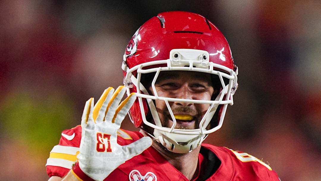 Dec 25, 2025; Kansas City, Missouri, USA; Kansas City Chiefs tight end Travis Kelce (87) reacts after making a catch for a first down during the first half against the Denver Broncos at GEHA Field at Arrowhead Stadium. Mandatory Credit: Jay Biggerstaff-Imagn Images