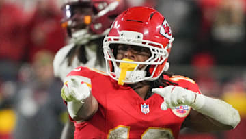 Oct 27, 2025; Kansas City, Missouri, USA; Kansas City Chiefs running back Isiah Pacheco (10) reacts after a play against the Washington Commanders during the fourth quarter of the game at GEHA Field at Arrowhead Stadium. Mandatory Credit: Denny Medley-Imagn Images