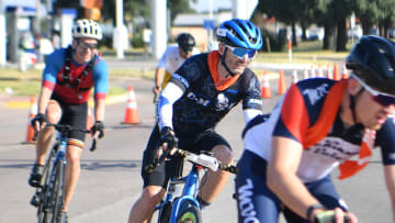 Hotter 'N Hell riders round a corner at a rest stop in Burkburnett on Saturday, Aug. 24, 2024.