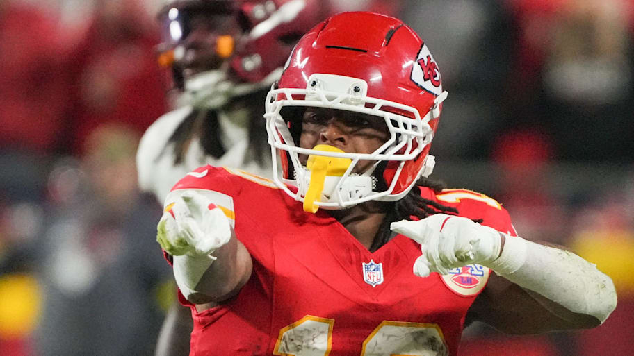Kansas City Chiefs running back Isiah Pacheco (10) reacts after a play against the Washington Commanders.