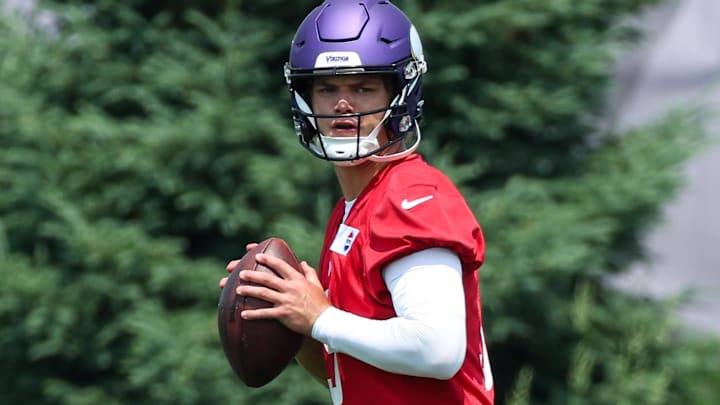 Jun 10, 2025; Minneapolis, MN, USA; Minnesota Vikings quarterback J.J. McCarthy (9) practices during minicamp at the Minnesota Vikings Training Facility. Mandatory Credit: Matt Krohn-Imagn Images