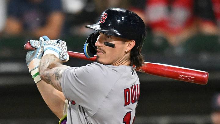Jul 7, 2026; Chicago, Illinois, USA; Boston Red Sox left fielder Jarren Duran (16) hits a single RBI against the Chicago White Sox during the ninth inning at Rate Field. Mandatory Credit: Patrick Gorski-Imagn Images
