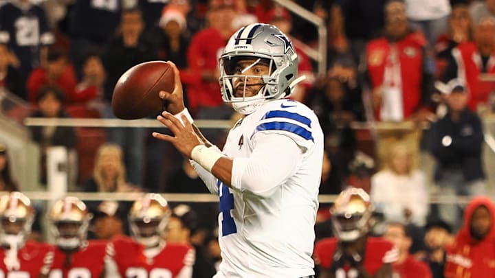 Dallas Cowboys quarterback Dak Prescott looks to throw the ball against the San Francisco 49ers