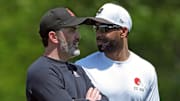 Cleveland Browns head coach Kevin Stefanski and general manager Andrew Berry watch practice from the sideline during day two of NFL rookie minicamp at the Cleveland Browns training facility on Saturday, May 10, 2025, in Berea, Ohio.