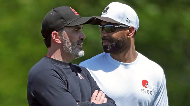 Cleveland Browns head coach Kevin Stefanski and general manager Andrew Berry watch practice from the sideline during day two of NFL rookie minicamp at the Cleveland Browns training facility on Saturday, May 10, 2025, in Berea, Ohio.