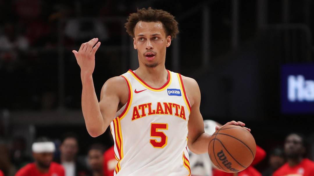 Atlanta Hawks guard Dyson Daniels (5) directs teammates against the Boston Celtics in the second half at State Farm Arena on March 30, 2026 Atlanta Hawks guard Dyson Daniels (5) directs teammates against the Boston Celtics in the second half at State Farm Arena on March 30, 2026