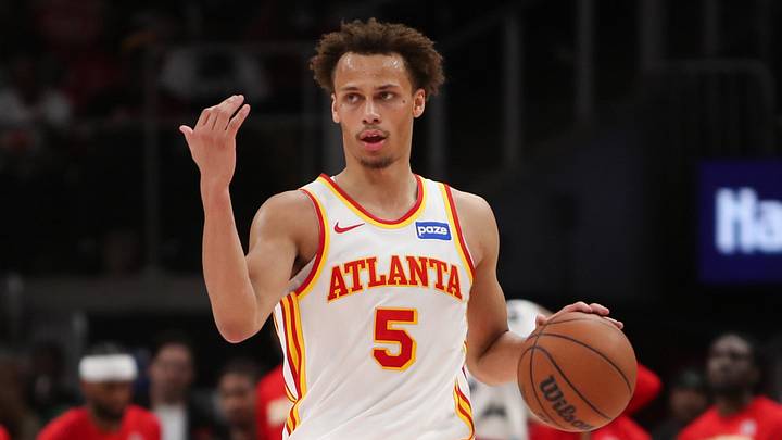 Atlanta Hawks guard Dyson Daniels (5) directs teammates against the Boston Celtics in the second half at State Farm Arena on March 30, 2026