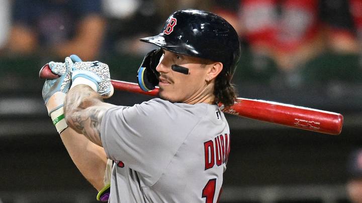 Jul 7, 2026; Chicago, Illinois, USA; Boston Red Sox left fielder Jarren Duran (16) hits a single RBI against the Chicago White Sox during the ninth inning at Rate Field. Mandatory Credit: Patrick Gorski-Imagn Images