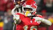 Oct 27, 2025; Kansas City, Missouri, USA; Kansas City Chiefs running back Isiah Pacheco (10) reacts after a play against the Washington Commanders during the fourth quarter of the game at GEHA Field at Arrowhead Stadium. Mandatory Credit: Denny Medley-Imagn Images