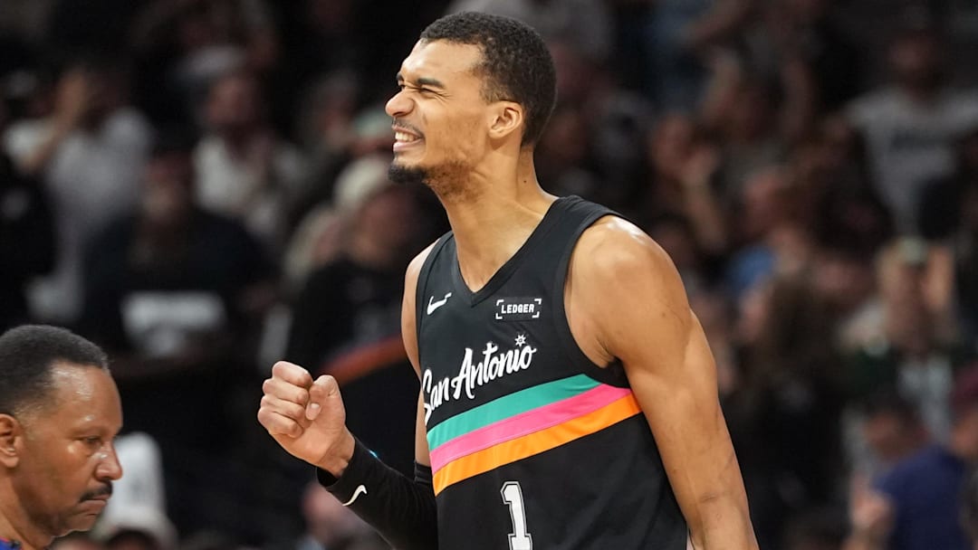 Mar 6, 2026; San Antonio, Texas, USA; San Antonio Spurs forward Victor Wembanyama (1) reacts during the second half against the Los Angeles Clippers at Frost Bank Center. Mandatory Credit: Scott Wachter-Imagn Images