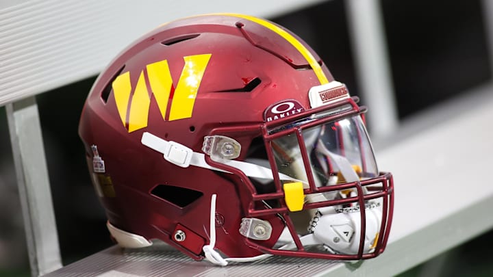 Oct 15, 2023; Atlanta, Georgia, USA; A Washington Commanders helmet on the bench against the Atlanta Falcons in the second half at Mercedes-Benz Stadium. Mandatory Credit: Brett Davis-Imagn Images