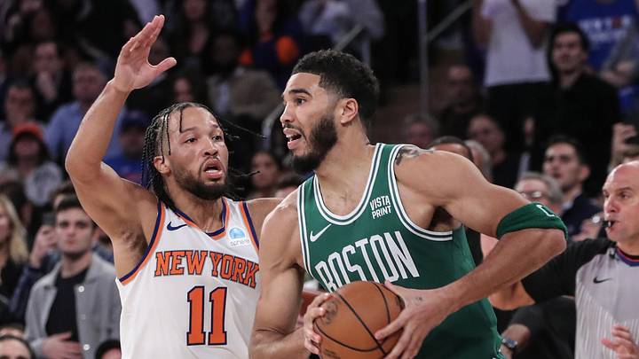 Oct 25, 2023; New York, New York, USA; Boston Celtics forward Jayson Tatum (0) is guarded by New York Knicks guard Jalen Brunson (11) while trying to make a pass in the fourth quarter at Madison Square Garden. Mandatory Credit: Wendell Cruz-Imagn Images