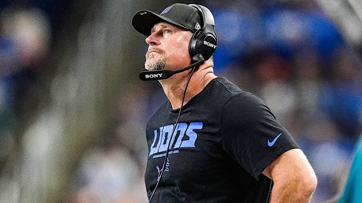 Detroit Lions head coach Dan Campbell reacts to a play against the Houston Texans during the first half at Ford Field in Detroit on Saturday, August 23, 2025.