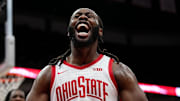 Ohio State Buckeyes guard Bruce Thornton (2) reacts to a made shot and foul call during the second half of the NCAA men's basketball game against the Iowa Hawkeyes at Value City Arena on Jan. 27, 2025. Ohio State won 82-65.