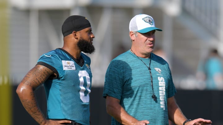 Jacksonville Jaguars wide receiver Gabe Davis (0) talks with Jacksonville Jaguars head coach Doug Pederson on the fifth day of the NFL football training camp practice session Monday, July 29, 2024 at EverBank Stadium's Miller Electric Center in Jacksonville, Fla..