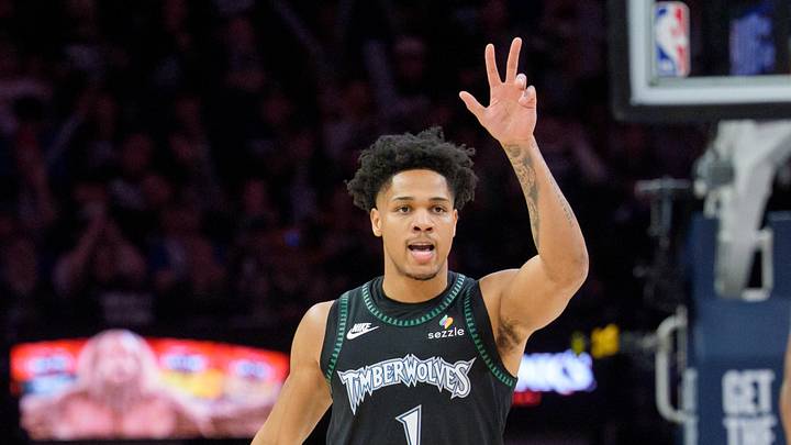 Apr 25, 2026; Minneapolis, Minnesota, USA; Minnesota Timberwolves guard Terrence Shannon Jr. (1) reacts after scoring a three-point shot against the Denver Nuggets in the second quarter at Target Center. Mandatory Credit: Matt Blewett-Imagn Images