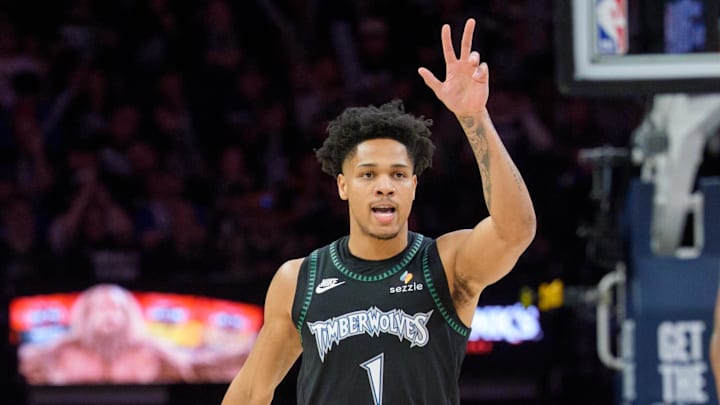 Apr 25, 2026; Minneapolis, Minnesota, USA; Minnesota Timberwolves guard Terrence Shannon Jr. (1) reacts after scoring a three-point shot against the Denver Nuggets in the second quarter at Target Center. Mandatory Credit: Matt Blewett-Imagn Images