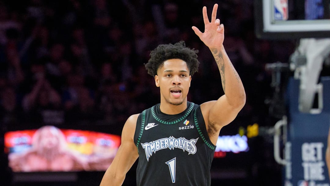 Apr 25, 2026; Minneapolis, Minnesota, USA; Minnesota Timberwolves guard Terrence Shannon Jr. (1) reacts after scoring a three-point shot against the Denver Nuggets in the second quarter at Target Center. Mandatory Credit: Matt Blewett-Imagn Images